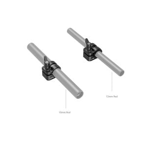 SmallRig 3598 12mm/15mm Single Rod Clamp holds two metal rods (one 15mm, one 12mm) with a black lever clamp, shown against a white background.