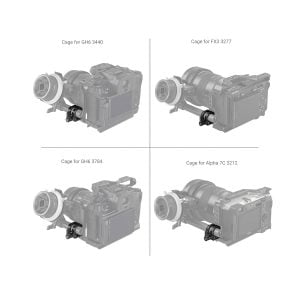 A diagram showing four camera cages - a cage for GH6 3440, a cage for FX3 3277, a cage for GH6 3784 and a cage for Alpha 7C 3212 - each attached to a camera with accessories such as the SmallRig 3598 12mm/15mm Single Rod Clamp.