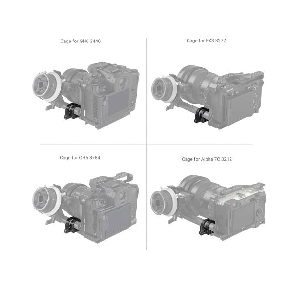 A diagram showing four camera cages - a cage for GH6 3440, a cage for FX3 3277, a cage for GH6 3784 and a cage for Alpha 7C 3212 - each attached to a camera with accessories such as the SmallRig 3598 12mm/15mm Single Rod Clamp.