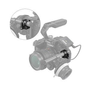 Camera cage mount with handle, monitor and microphone attached; circular insert highlights close-up of SmallRig 3598 12mm/15mm Single Rod Clamp mounted on the rack's rod system.
