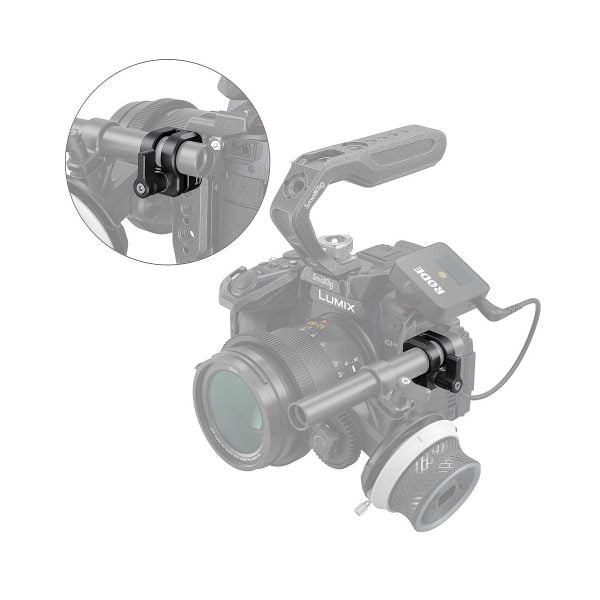 Camera cage mount with handle, monitor and microphone attached; circular insert highlights close-up of SmallRig 3598 12mm/15mm Single Rod Clamp mounted on the rack's rod system.