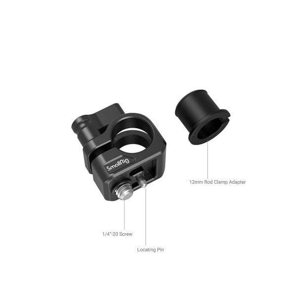 The black SmallRig 3598 12mm/15mm Single Rod Clamp is shown on a white background, with markings for a 1/4"-20 screw, locating pin and 12mm rod clamp adapter.