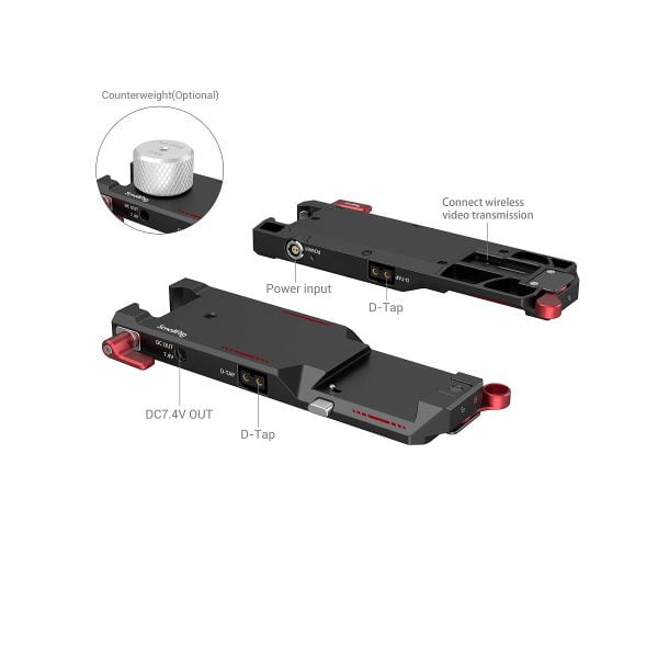 The two SmallRig 3251 Power Pass-Through plates for the DJI RS 2 / Ronin-S / RS 3 / RS 3 Pro are black metal with red accents, and are marked with a power supply, D-Tap ports, DC7.4V output and mounts for counterbalance or wireless transmission.