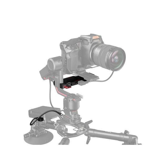 SmallRig 3251 Power Pass-Through is pictured mounted on a stabilizing gimbal with accessories, cables and suction cup tray, against a white background. Compatible with DJI RS 2, Ronin-S, RS 3 and RS 3 Pro.