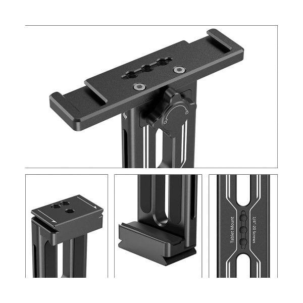 SmallRig_Tablet_Mount_for_iPad_2930_002 Lähikuvassa näkyy mustasta metallista valmistettu SmallRig 2930 Tablet Mount for iPad eri kulmista, ja siinä korostuvat ruuvinreiät, säätönuppi ja kiinnitysurat.