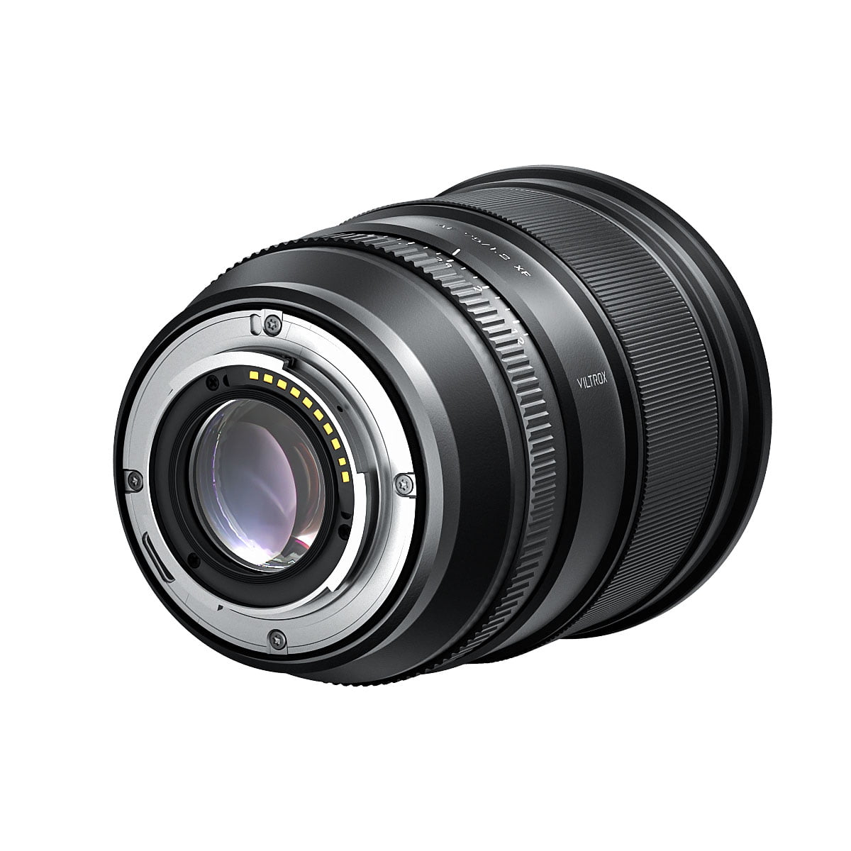 Viltrox_FX_75mm_f_1_2_AF-Fuji_X_003 Close-up of the Viltrox AF 75mm f/1.2 Pro lens (Fuji X), showing the rear lens mount with electronic contacts and glass elements against a white background.