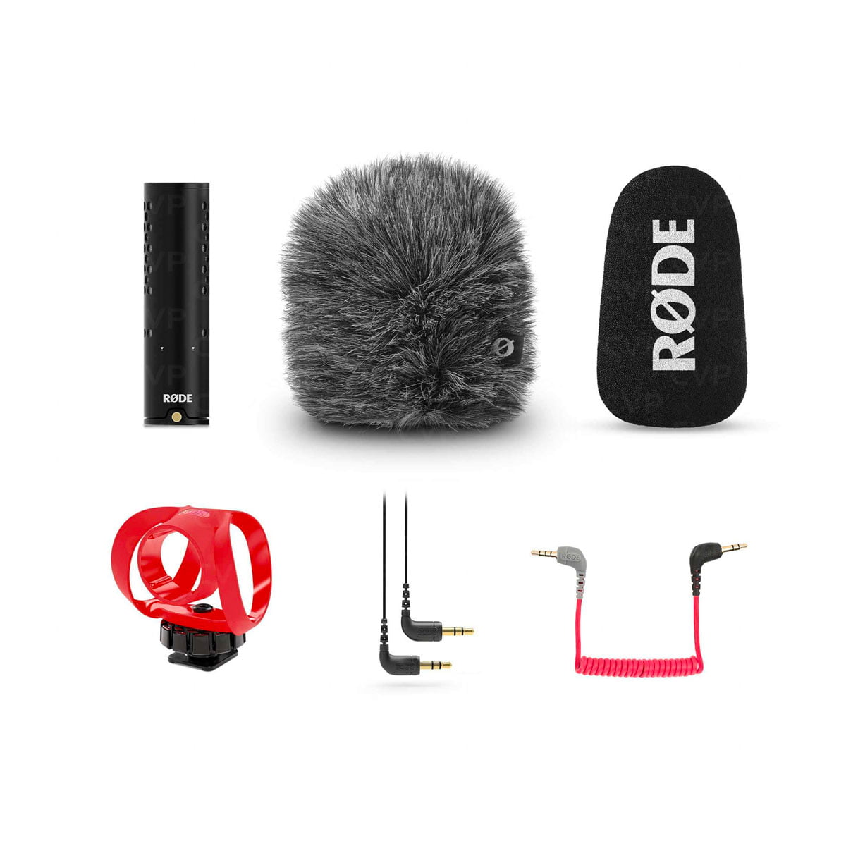 The Rode Videomicro II microphone set includes a black cylindrical microphone, RØDE branded foam ear protectors, a red shock mount, two rectangular audio cables and a red twisted pair cable.