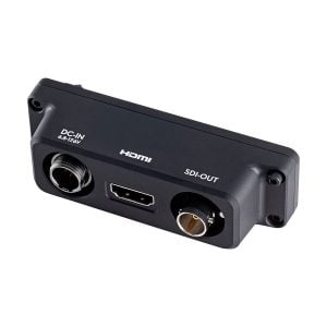 DJI Remote Monitor Expansion Plate (SDI/HDMI/DC-IN) on musta suorakulmainen sovitin, jossa on kolme merkittyä porttia - DC-IN (6,8-16V), HDMI ja SDI-OUT - jotka on järjestetty riviin laitteen yhdelle puolelle.