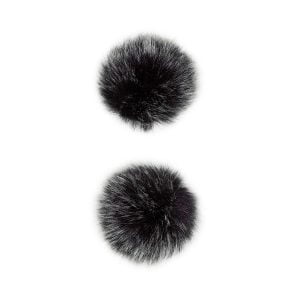 The DJI Mic Dual Kit wireless microphone system includes two round, fluffy, black windscreens with white tip arms, positioned vertically against a white background.