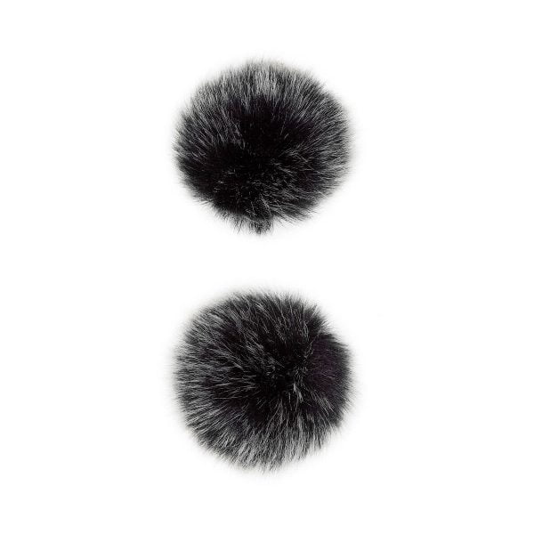 The DJI Mic Dual Kit wireless microphone system includes two round, fluffy, black windscreens with white tip arms, positioned vertically against a white background.