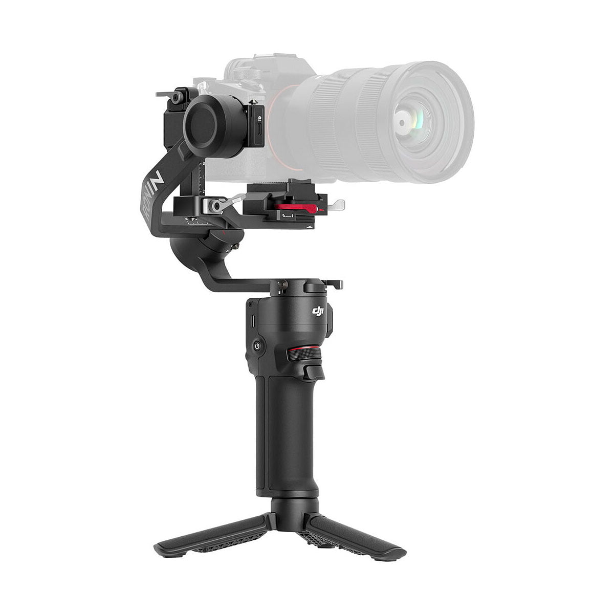 DJi_RS_3_Mini_001 DJI RS 3 Mini -gimbaali on mustalla kahvalla ja kokoontaitettavalla jalustalla varustettu käsikameran vakaaja, joka on suunniteltu DSLR-kameran kiinnittämiseen vakaan videokuvauksen varmistamiseksi.