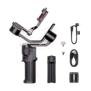 DJI RS 3 Mini -gimbaali, jossa on irrotettava kahva, jalustan jalusta, kiinnitystarvikkeet ja USB-kaapelit, näkyy siististi valkoisella taustalla.