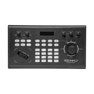 The Feelworld KBC10 PTZ keyboard is a black camera controller with buttons, joystick, display and zoom/focus lever for remote camera control.