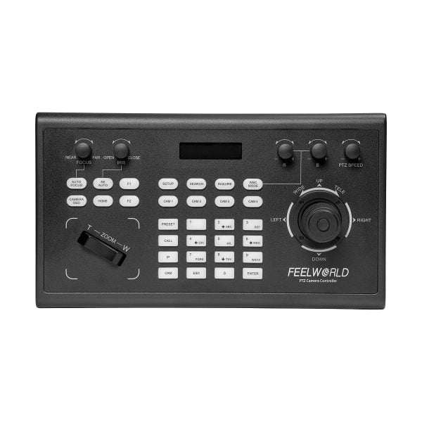 The Feelworld KBC10 PTZ keyboard is a black camera controller with buttons, joystick, display and zoom/focus lever for remote camera control.