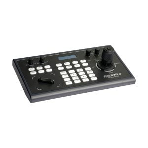 Black Feelworld KBC10 PTZ keyboard with multiple white buttons, right joystick, small screen and multiple knobs and switches. The device is pictured slightly turned to the left.