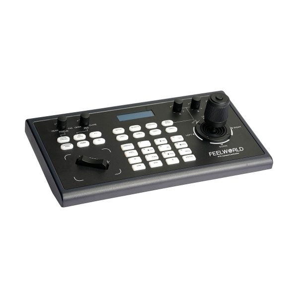 Black Feelworld KBC10 PTZ keyboard with multiple white buttons, right joystick, small screen and multiple knobs and switches. The device is pictured slightly turned to the left.