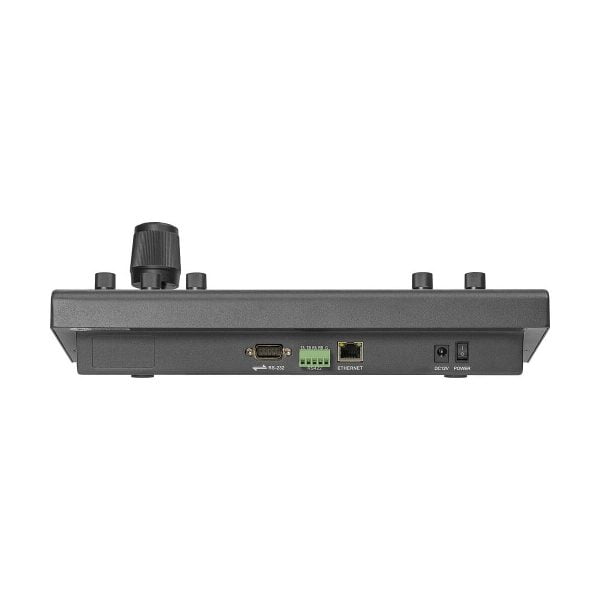 Rear view of the black, rectangular Feelworld KBC10 PTZ keyboard, showing power input, Ethernet port, DB9 serial port, green connector block and top control knobs.
