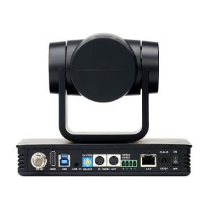 Feelworld_UHD4K12X_003 Feelworld UHD4K12X PTZ-kamerassa, joka on kuvattu takaa mustana, on HDMI-, USB-, LAN-, ääni- ja RS232-portit, virtatulo ja on/off-kytkin.