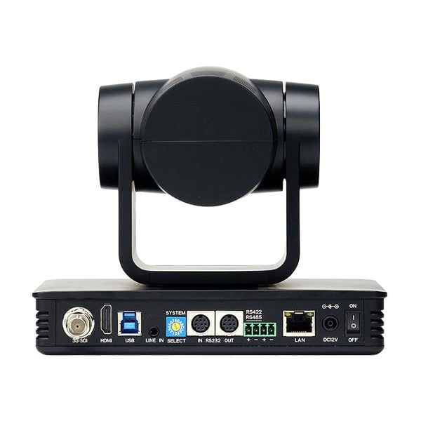 Feelworld_UHD4K12X_003 Feelworld UHD4K12X PTZ-kamerassa, joka on kuvattu takaa mustana, on HDMI-, USB-, LAN-, ääni- ja RS232-portit, virtatulo ja on/off-kytkin.