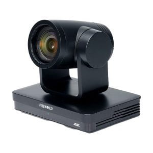 Feelworld_UHD4K12X_004 Feelworld UHD4K12X on musta 4K-videokamera, jossa on suuri objektiivi suorakulmaisella jalustalla ja joka on suunniteltu ammattimaiseen videotallennukseen tai suoratoistoon.