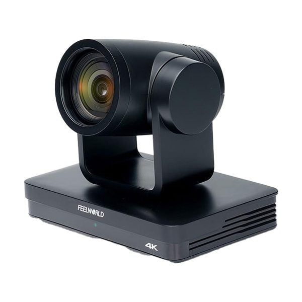 Feelworld_UHD4K12X_004 Feelworld UHD4K12X on musta 4K-videokamera, jossa on suuri objektiivi suorakulmaisella jalustalla ja joka on suunniteltu ammattimaiseen videotallennukseen tai suoratoistoon.