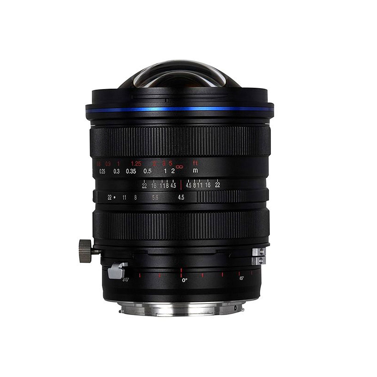 The Laowa 15mm f/4.5 Zero-D Shift lens for Canon EF, black with adjustment rings and red and white markings, is shown upright on a white background.