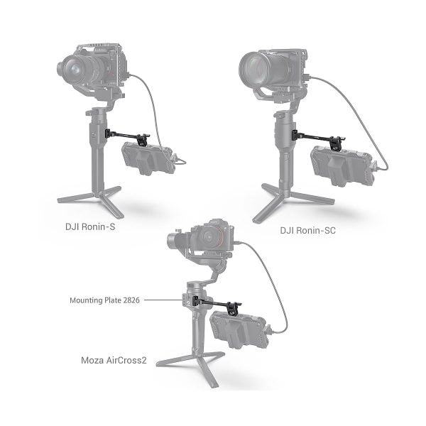The three camera gimbals - DJI Ronin-S, DJI Ronin-SC and Moza AirCross2 - each have a SmallRig 2889 Adjustable Monitor Mount attached to a mounting plate that holds the accessory on the arm connected to the plate.
