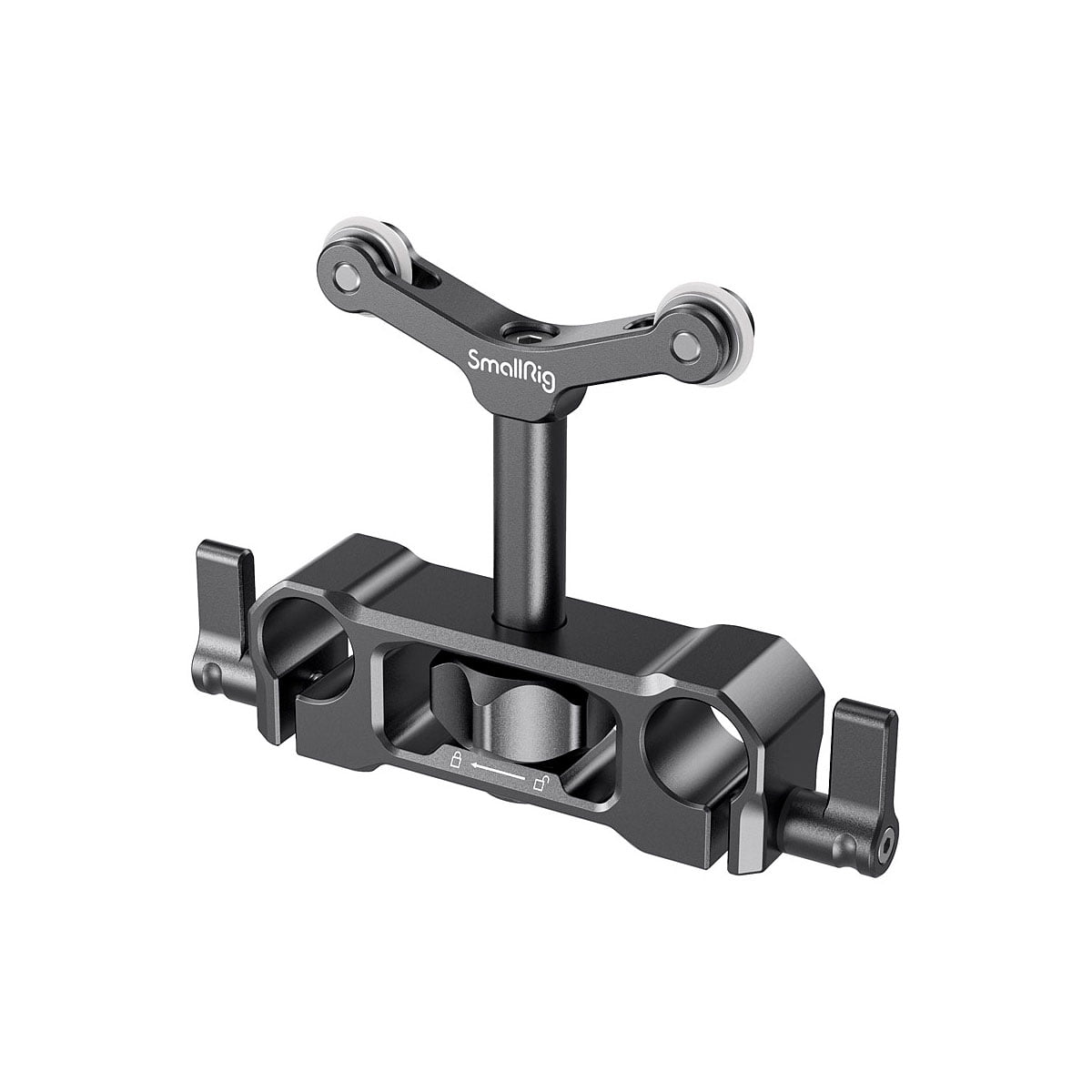 The SmallRig 2727 Universal Lens Support LWS 15mm Rod Mount is a black metal camera accessory with a centre bracket, adjustable arms and multiple mounting points, shown in white.