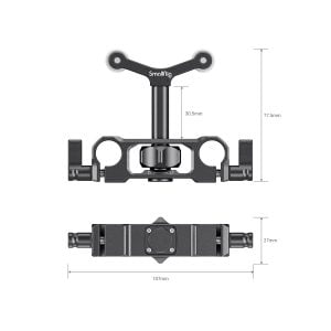 SmallRig 2727 Universal Lens Support LWS 15mm Rod Mount - Technical diagram with front and side views and dimensions: 77.5 mm height, 107 mm width, 30.5 and 27 mm sections; black metal construction with multiple mounting points.