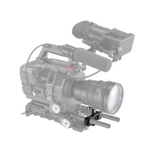 The SmallRig 2727 Universal Lens Support LWS 15mm Rod Mount is pictured in light grey and supports a professional video camera mount with attached lens, large microphone and external display on a white background.
