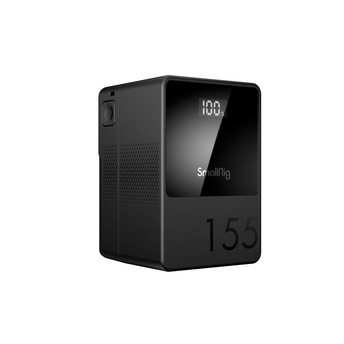 Musta, kuution muotoinen SmallRig 3581 VB155 mini V-Mount -akku, jossa on digitaalinäyttö, jossa lukema 100,4 ja "155" alareunassa, valkoista taustaa vasten.