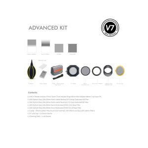 Kuvassa NiSi Advanced Kit 100mm System V7 -suodinpaketti, jossa on suodatinpidike, useita sovitinrenkaita, ND- ja polarisaatiosuodattimet, kantolaukku, objektiivin puhdistusaine, objektiivin suojus ja puhdistusliina.