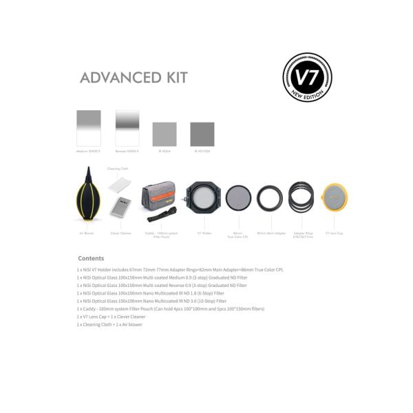 Kuvassa NiSi Advanced Kit 100mm System V7 -suodinpaketti, jossa on suodatinpidike, useita sovitinrenkaita, ND- ja polarisaatiosuodattimet, kantolaukku, objektiivin puhdistusaine, objektiivin suojus ja puhdistusliina.