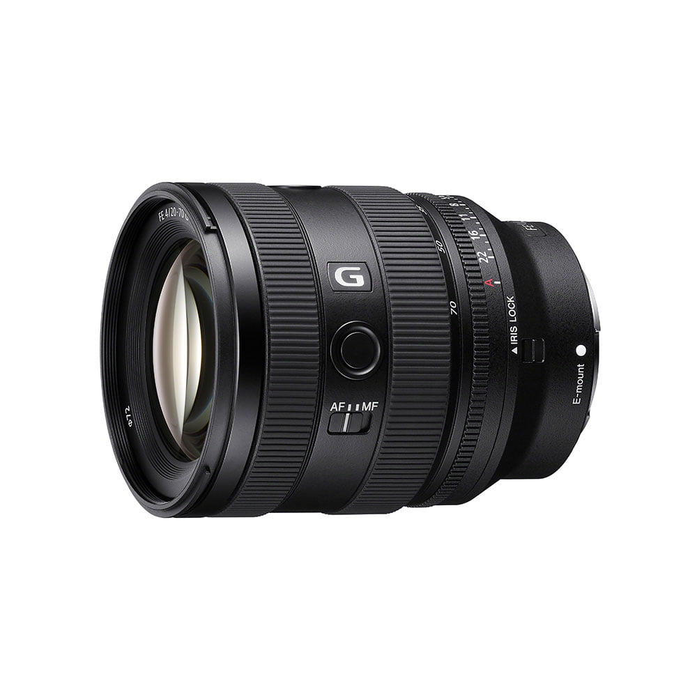 A Sony FE 20-70mm f/4 G lens, black zoom and focus ring, AF/MF switch and several buttons, shown against a white background.
