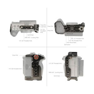 Four annotated views of the SmallRig 4138 Cage for Sony FX30/FX3 show a variety of ports and mounting options, including NATO rail, 1/4"-20 and 3/8"-16 threaded holes, cold shoe mount, strap holes, Arca-Swiss plate and QD connector.