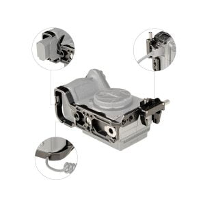 The SmallRig 4138 Cage for Sony FX30/FX3 shows part of the metal body, with three zoomed-in interior images highlighting details of the cable connection, mounting port and connector attachment.