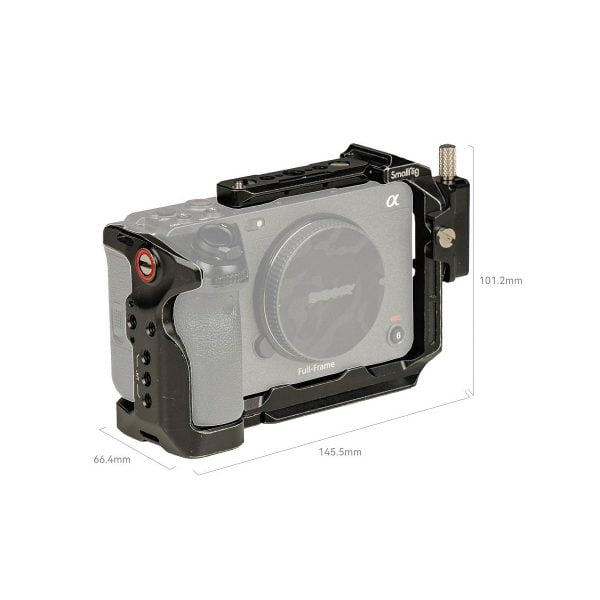 The SmallRig 4138 Cage for Sony FX30/FX3 fits around the body of a Sony Alpha body measuring 145.5 mm wide, 101.2 mm high and 66.4 mm deep.