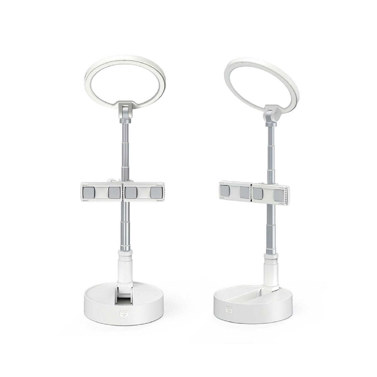 Kaksi SmallRig 3242 Selection Portable LED Lamp L10 -yksikköä, joissa on pyöreät rengasvalot, suorakulmaiset ohjauspaneelit, pyöreät jalustat ja ulosvedettävät varret, on esillä valkoista taustaa vasten.