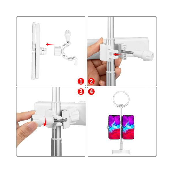 SmallRig 3242 Selection Portable LED-valaisimen L10 nelivaiheiset asennusohjeet: kiinnitä kiinnitin, kiinnitä se tolppaan, kiristä nuppi ja näytä lopputulos, kun LED-valaisin L10 on asennettu käyttöä varten.