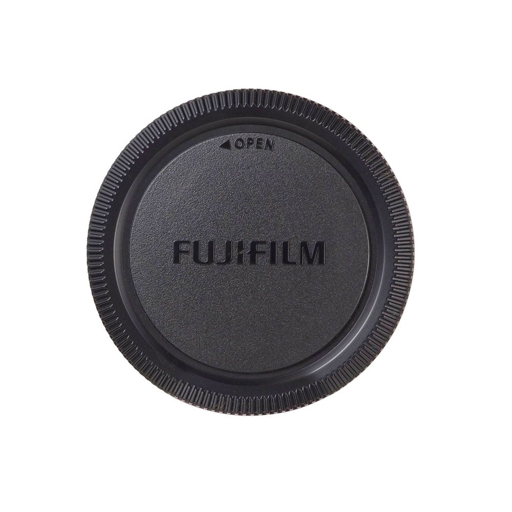 The Fujifilm XF Lens Cap is a black camera body cap with the Fujifilm name embossed in the centre and a small OPEN arrow at the top.