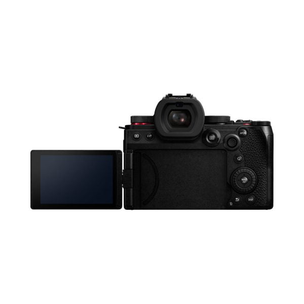 Viewed from the rear of the Panasonic Lumix S5 II system camera, the LCD screen is turned to the left and several control buttons are on the right side of the camera body.
