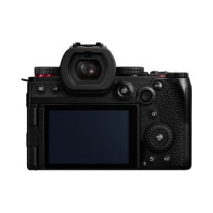 A rear view of the Panasonic Lumix S5 II system camera, showing the LCD screen, viewfinder, control buttons and dials, all against a white background.