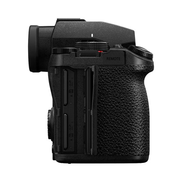 Side view of the Panasonic Lumix S5 II system camera body with textured grip, two memory card slots and remote control port.