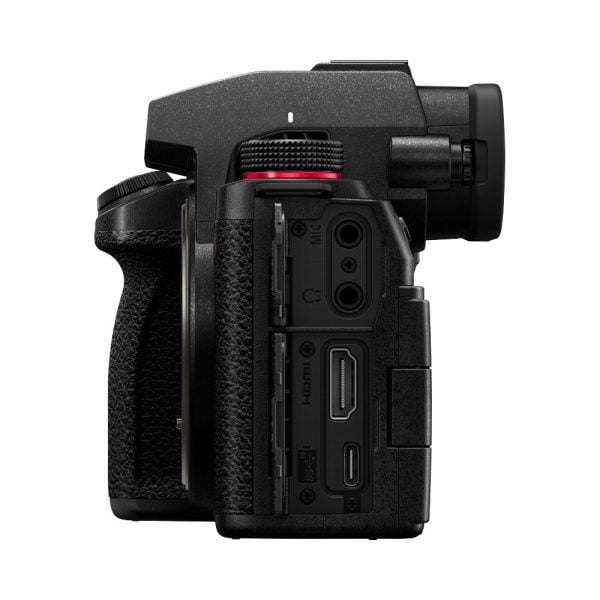 Side view of the Panasonic Lumix S5 II system camera, highlighting its textured grip, buttons, dials and open port covers showing microphone, HDMI and USB connections.