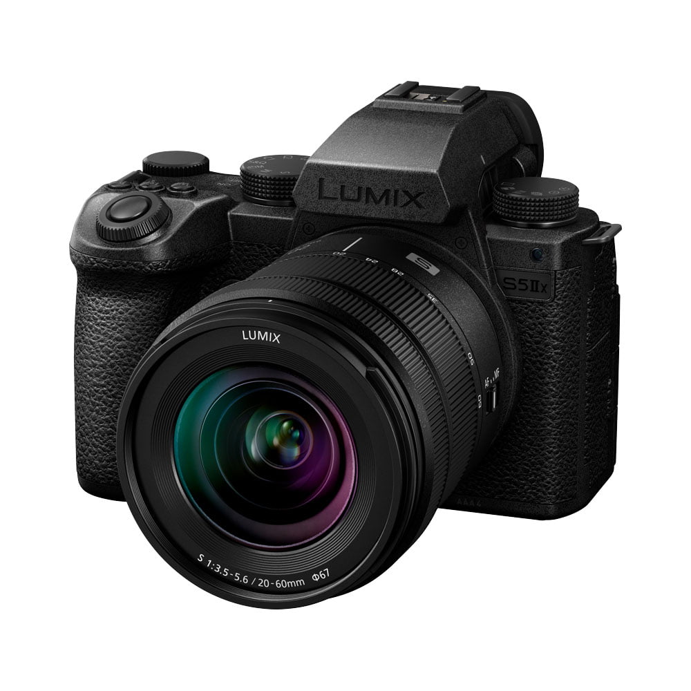 Panasonic Lumix S5 IIX with 20-60mm f/3.5-5.6 lens in black, textured grip and visible branding on both camera and lens.
