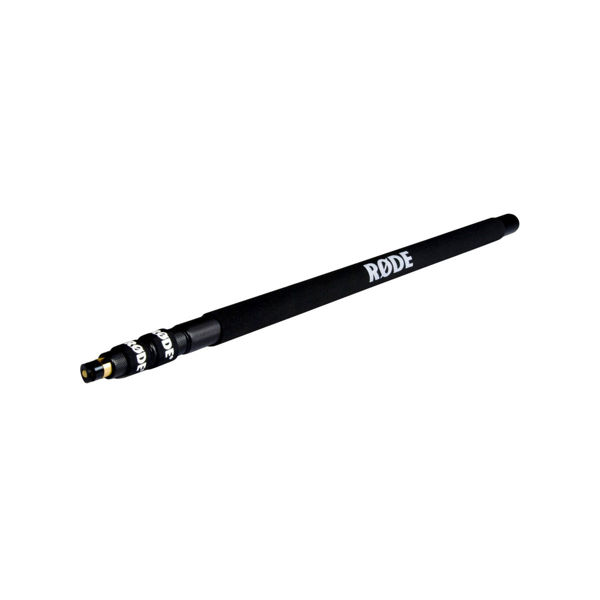 Rode Micro Boompole on musta, merkkinen puomipylväs, jonka toisessa päässä on metalliset liittimet ja joka on suunniteltu pitämään mikrofoneja turvallisesti äänityksen aikana.