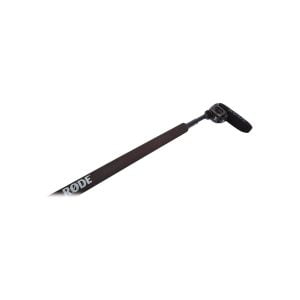 The Rode Micro Boompole microphone sits diagonally against a white background, with the RODE logo on its black foam handle.
