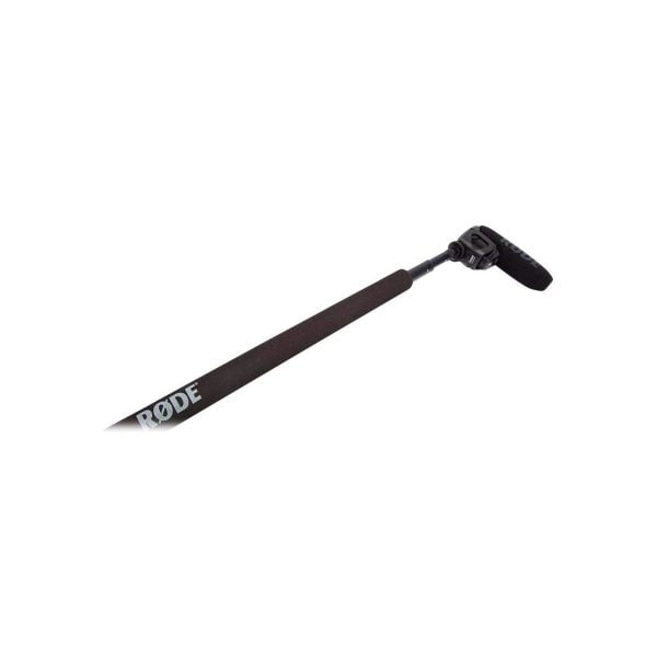 The Rode Micro Boompole microphone sits diagonally against a white background, with the RODE logo on its black foam handle.