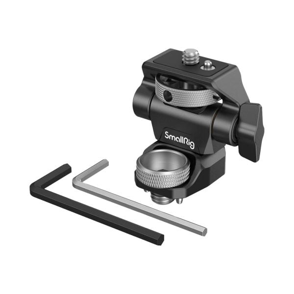 SmallRig 2903 Swivel and Tilt Adjustable Monitor Mount with ARRI-Style Mount mustana ja hopeisena on kuvassa kahden kuusiokoloavaimen kanssa (yksi musta ja yksi hopeinen), kaikki valkoista taustaa vasten.