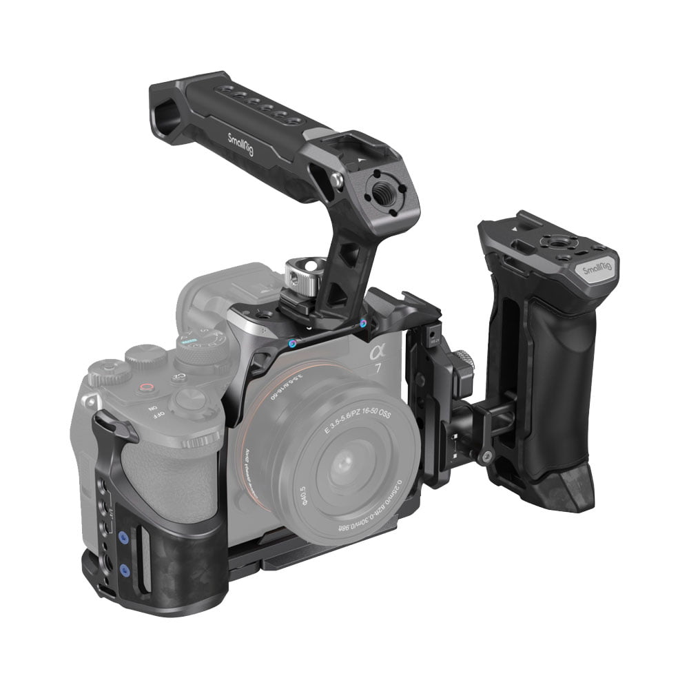 The SmallRig 3710 Rhinoceros Advanced Cage Kit for Sony A7 RV/A7VI/A7SIII features a Sony Alpha camera with top grip and detachable right-hand grip. The transparent camera and lens highlight the cage accessories.